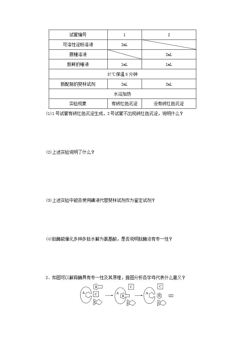 2022_2023学年新教材高中生物第5章细胞的能量供应和利用第1节降低化学反应活化能的酶第2课时酶的特性课堂互动探究案新人教版必修1 学案02