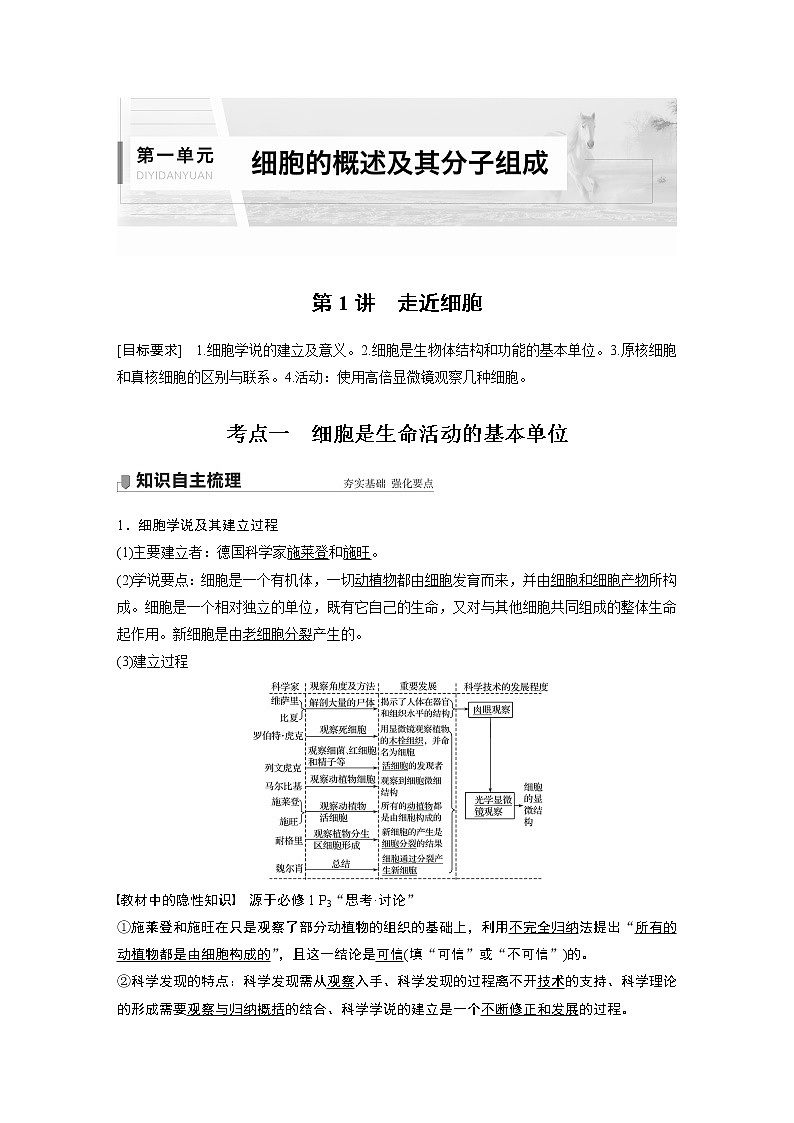 1 2022年高考生物一轮复习（新高考版2(鲁辽)适用） 第1单元 第1讲 走近细胞第1页