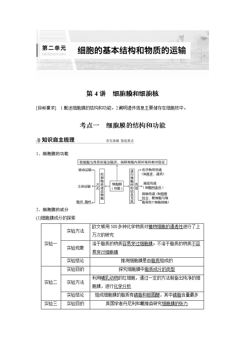 4 2022年高考生物一轮复习（新高考版2(鲁辽)适用） 第2单元 第4讲 细胞膜和细胞核 教案01