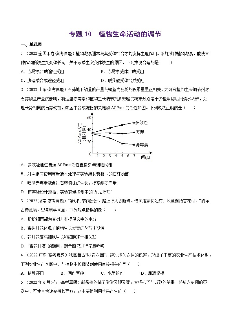 专题10 植物生命活动的调节-十年（2013-2022）高考生物真题分项汇编（全国通用）（原卷版）第1页