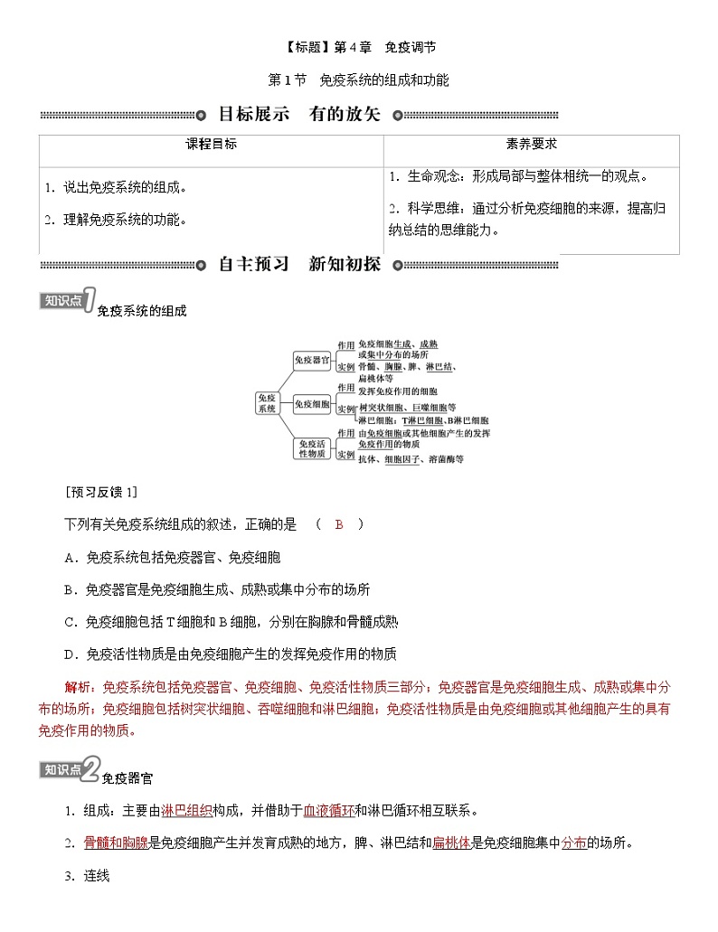 人教版高中生物选择性必修1第4章第1节免疫系统的组成和功能学案01