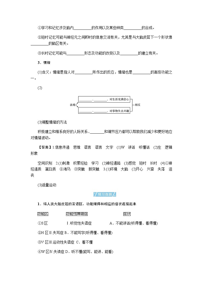 人教版高中生物选择性必修1第2章第5节人脑的高级功能学案第2页