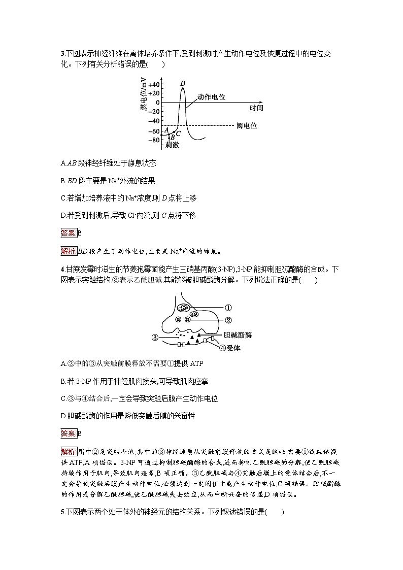 浙科版(2019)高中生物选择性必修1神经冲动的产生和传导作业含答案02