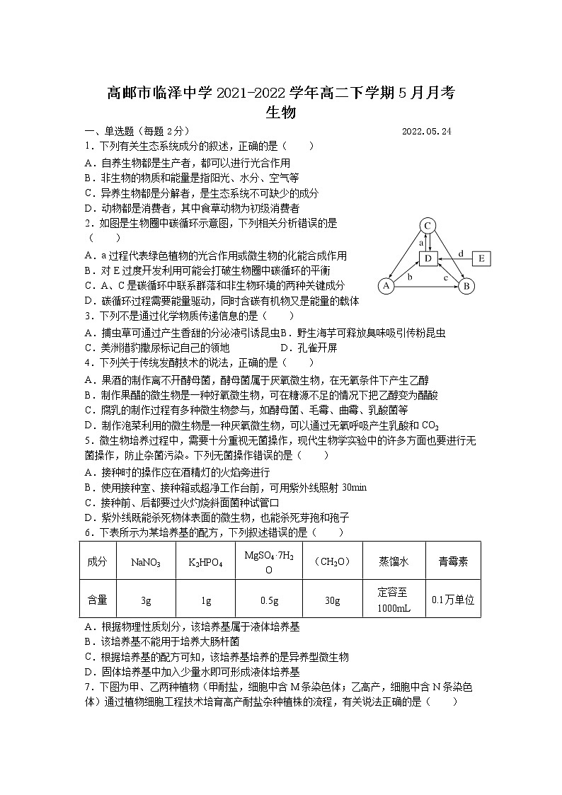 2021-2022学年江苏省高邮市临泽中学高二下学期5月月考生物试题含答案第1页