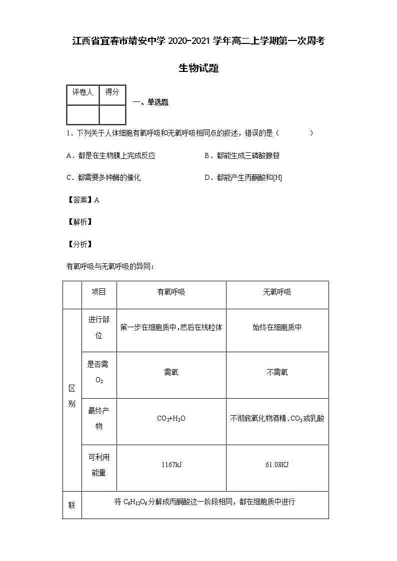 江西省宜春市靖安中学2020-2021学年高二上学期第一次周考生物试题含答案第1页
