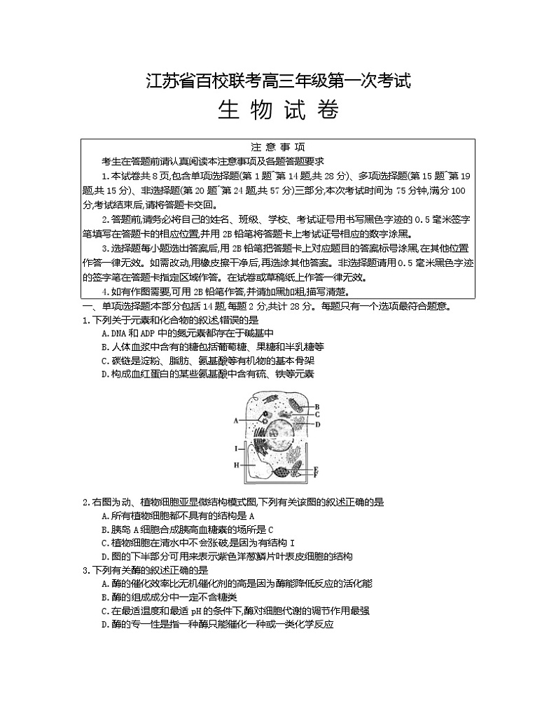 江苏省百校联考2022-2023学年高三上学期第一次考试生物试题（含答案）01