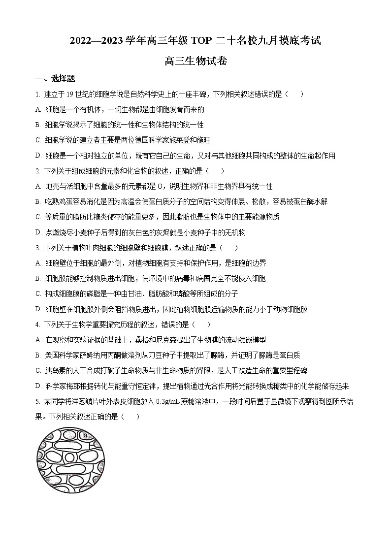 2023河南省TOP二十名校高三9月摸底考试生物试题含答案第1页