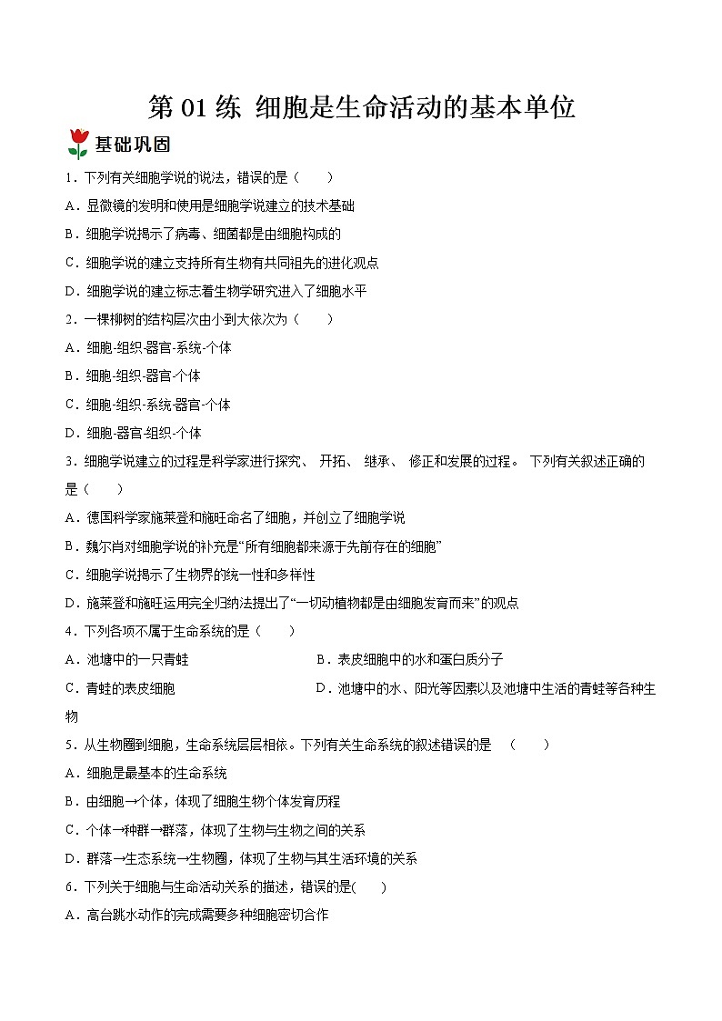 第01练 细胞是生命活动的基本单位-【每课一练】高一生物同步分层练（人教版2019必修1）01