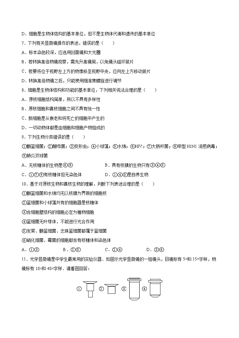 第02练 细胞的多样性和统一性-【每课一练】高一生物同步分层练（人教版2019必修1）02