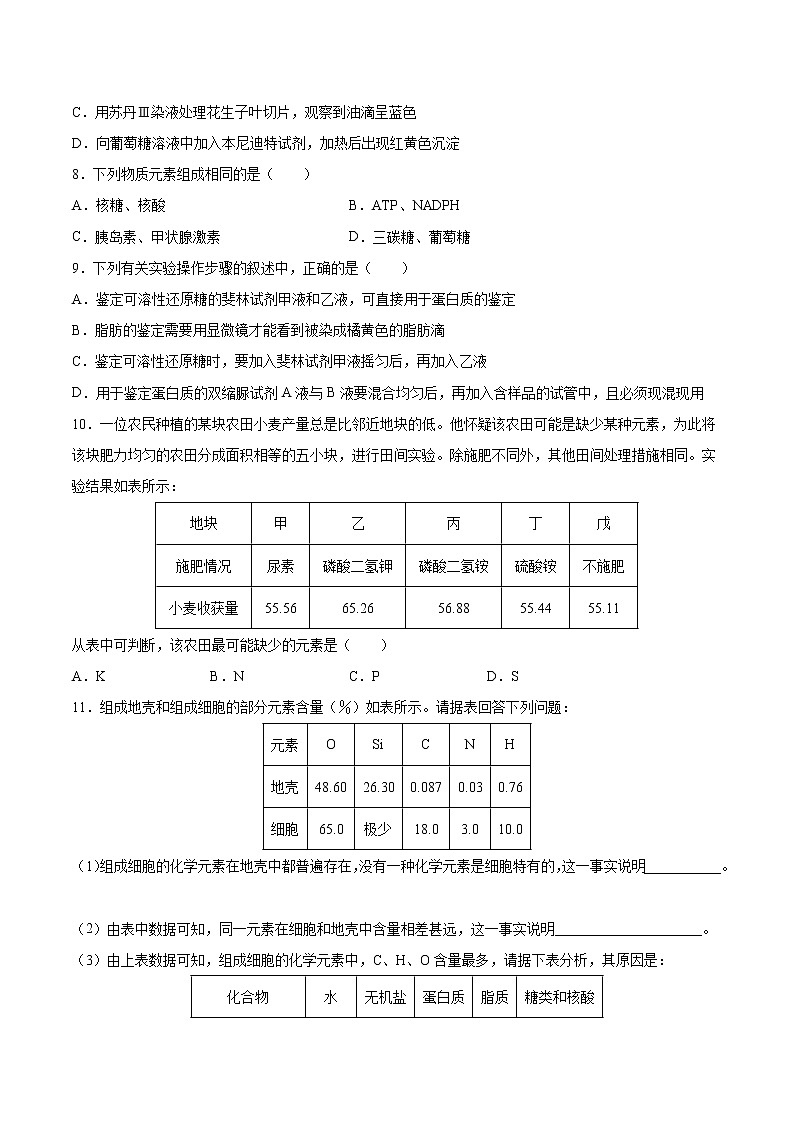 第03练 细胞中的元素和化合物-【每课一练】2022-2023学年高一生物同步分层练（人教版2019必修1）（原卷版）第2页