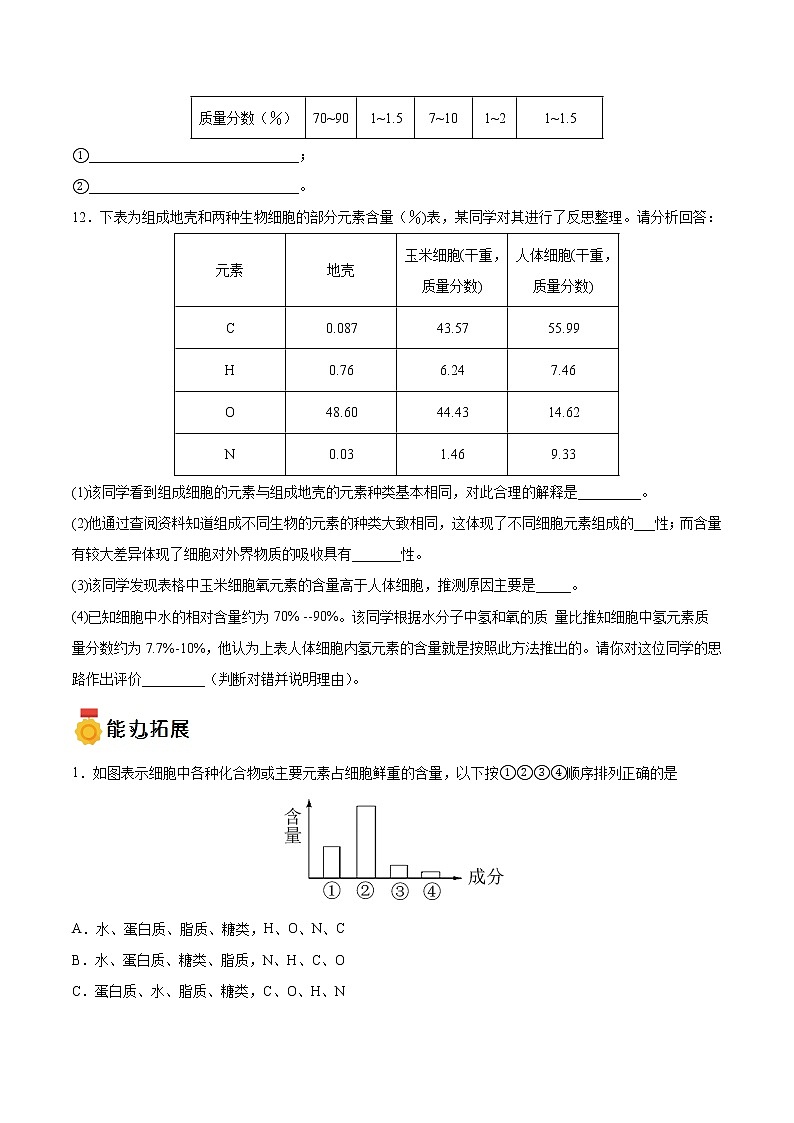 第03练 细胞中的元素和化合物-【每课一练】2022-2023学年高一生物同步分层练（人教版2019必修1）（原卷版）第3页