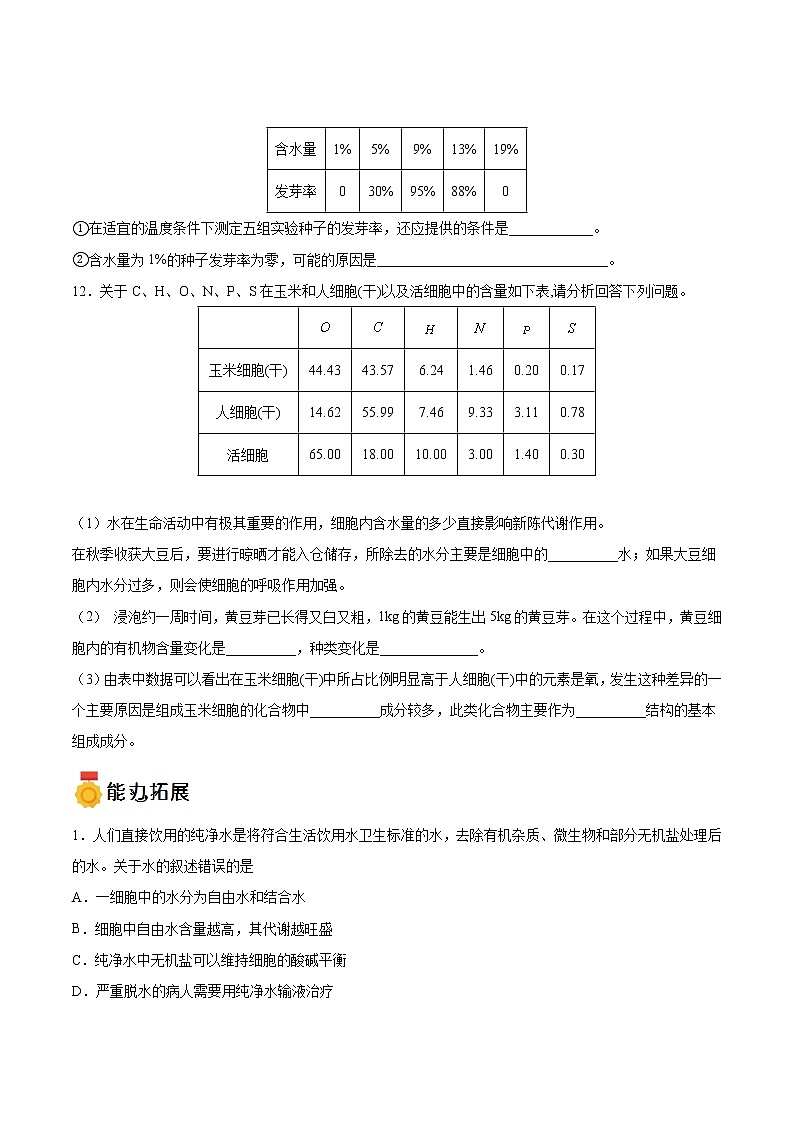 第04练 细胞中的无机物-【每课一练】2022-2023学年高一生物同步分层练（人教版2019必修1）（原卷版）第3页
