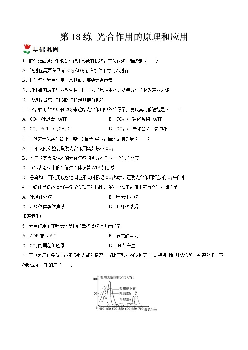 第18练 光合作用的原理和应用-【每课一练】2022-2023学年高一生物同步分层练（人教版2019必修1）01