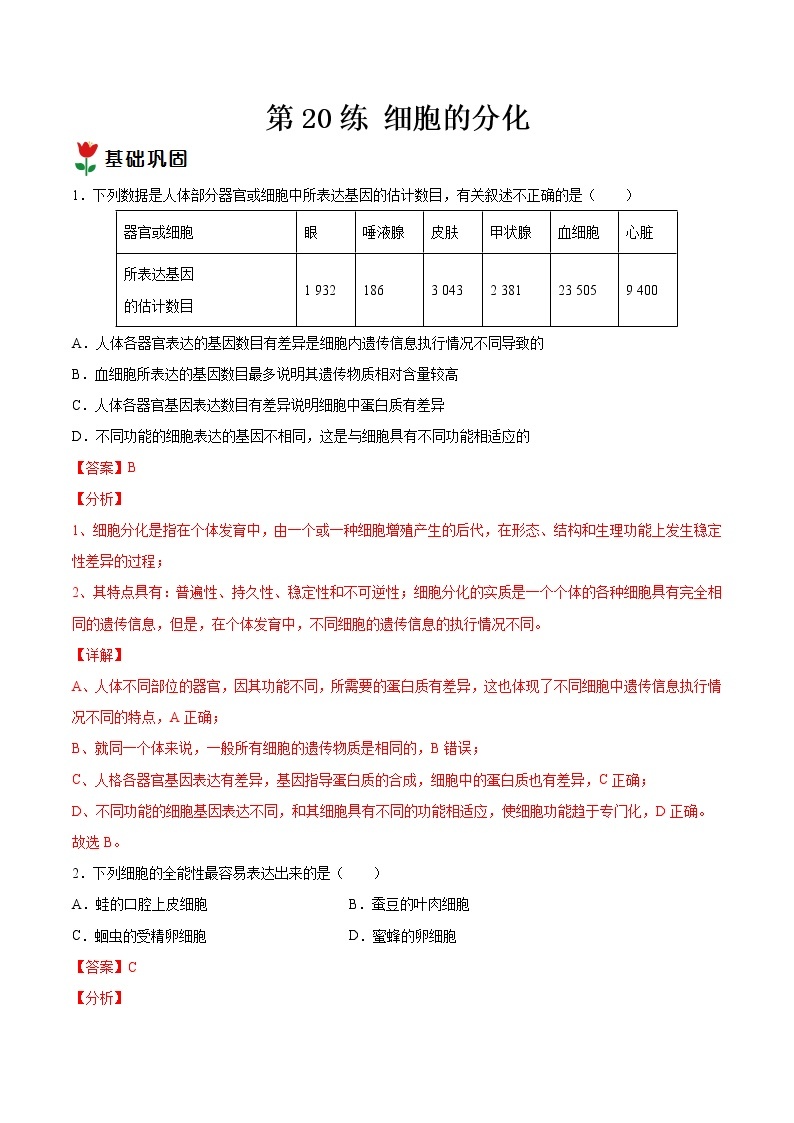 第20练 细胞的分化-【每课一练】2022-2023学年高一生物同步分层练（人教版2019必修1）01