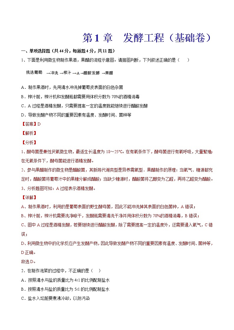 第1章 发酵工程（基础卷）-【章末分层卷】2022-2023学年高二生物同步测试卷（人教版2019选择性必修3）01