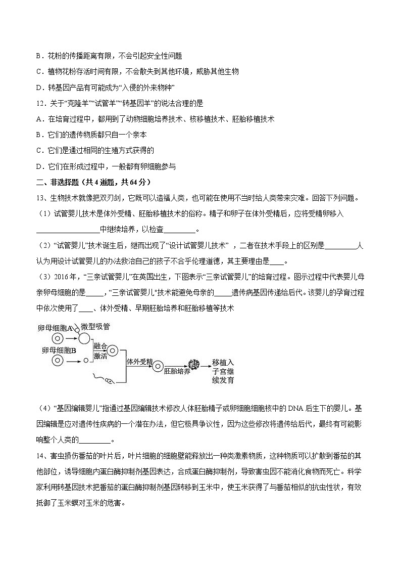 第四章  生物技术的安全性与伦理问题（基础卷）【章末分层卷】2022-2023学年高二生物同步测试卷（人教版2019选择性必修3）（原卷版）第3页