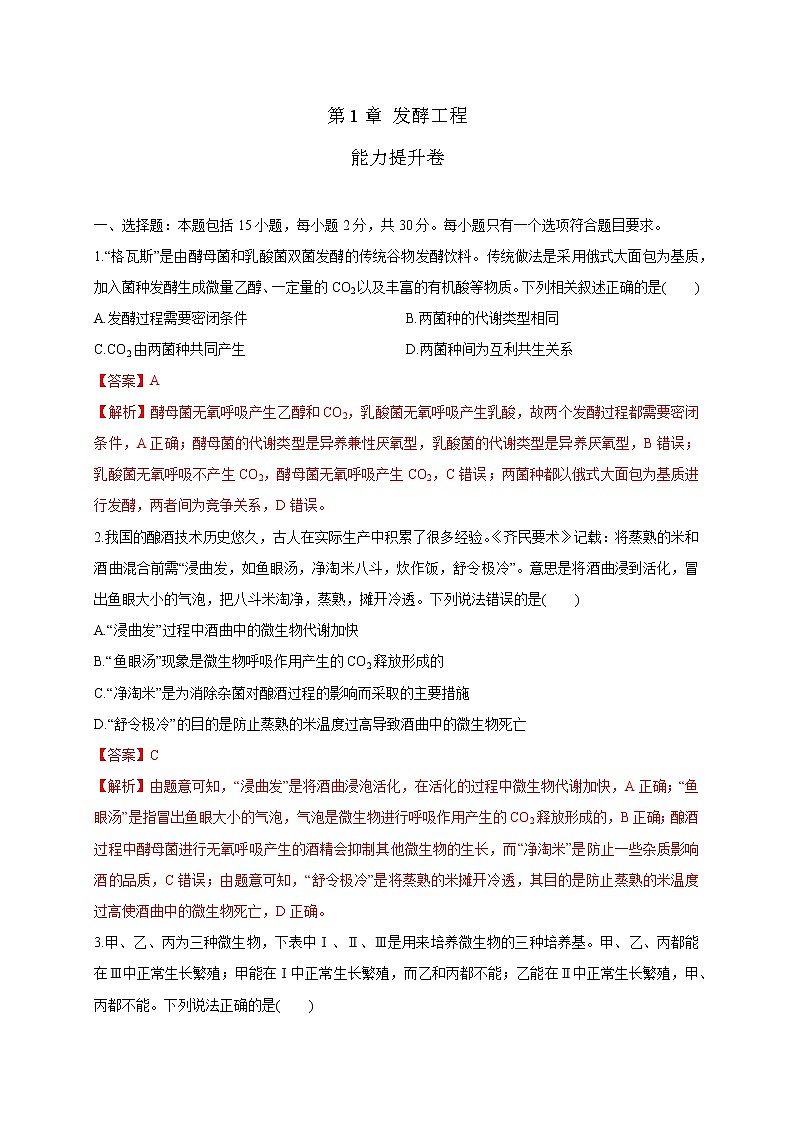 第一单元 发酵工程（能力提升） 高二生物单元测试定心卷（人教版2019选择性必修3）01