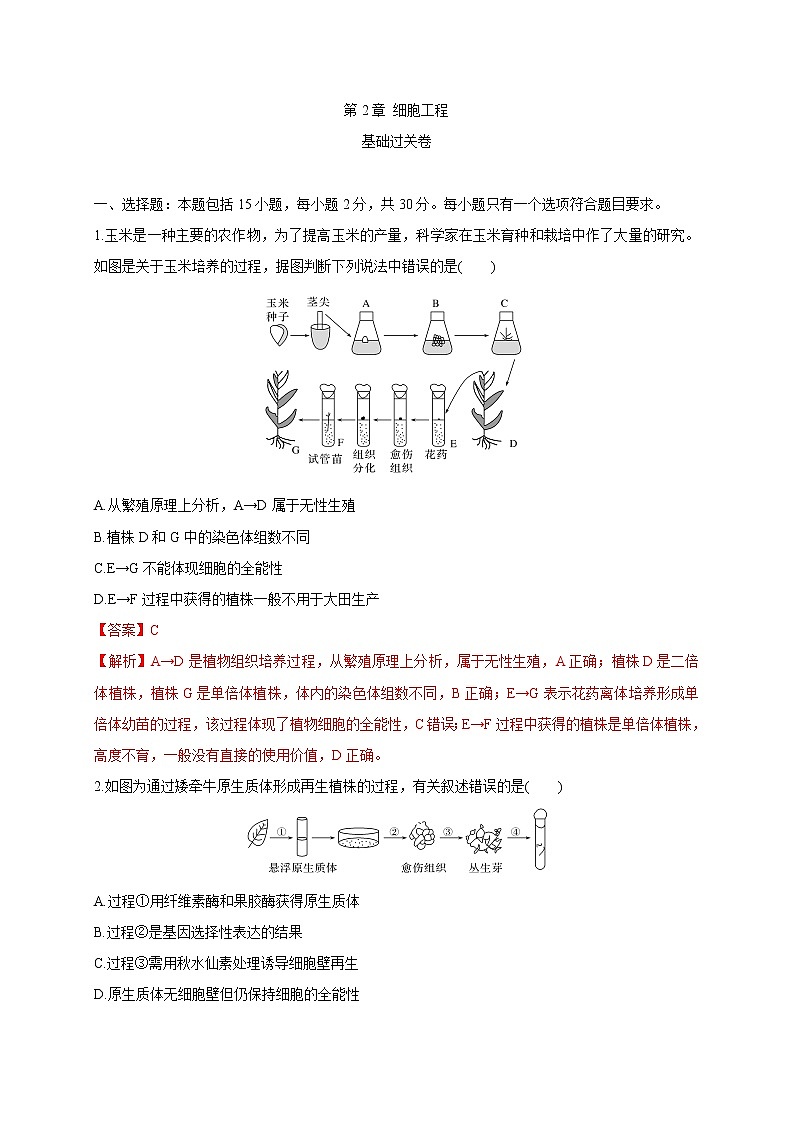 第二单元 细胞工程（基础过关） 高二生物单元测试定心卷（人教版2019选择性必修3）01