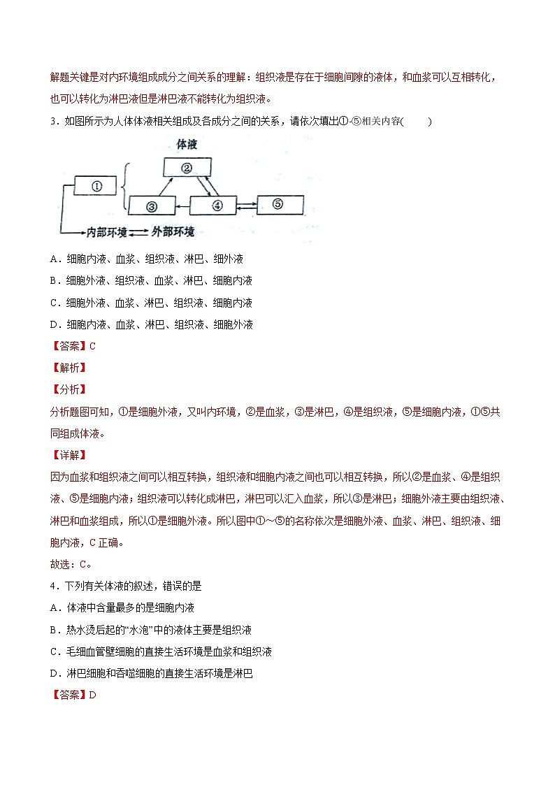1.1+细胞生活的环境（基础练）-2022-2023学年高二生物上学期十分钟同步课堂专练（2019人教版选择性必修1）02