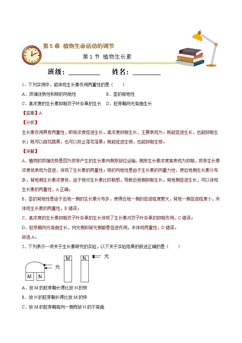 5.1+植物生长素（重点练）-2022-2023学年高二生物上学期十分钟同步课堂专练（2019人教版选择性必修1）01
