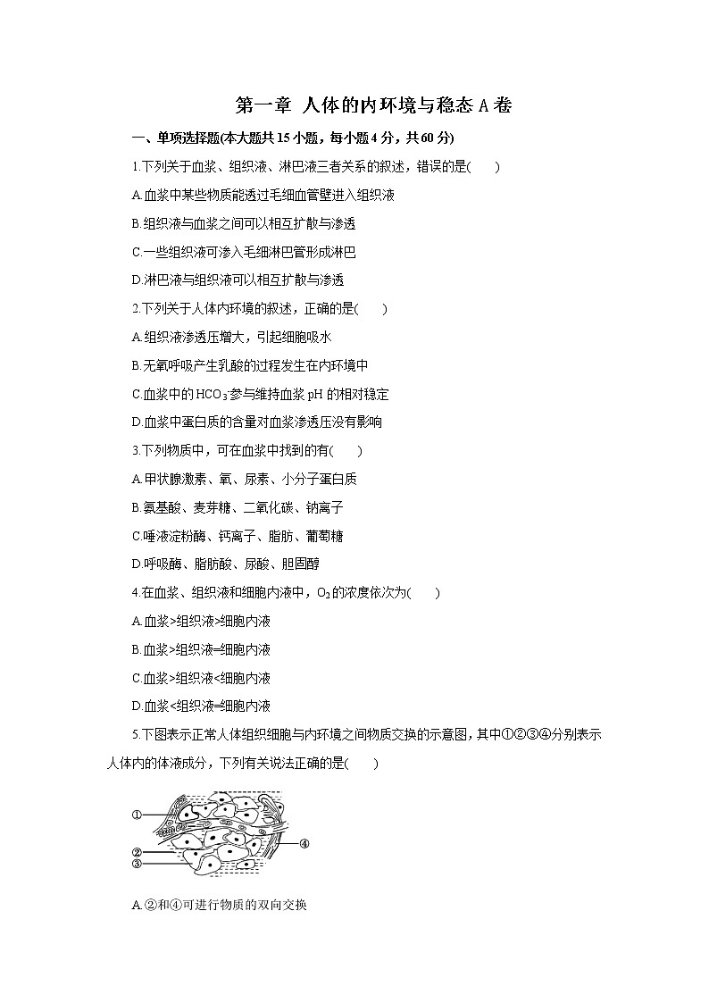 第1章+人体的内环境与稳态A卷-2022-2023学年高二生物学同步单元AB卷（2019人教版选择性必修1）01
