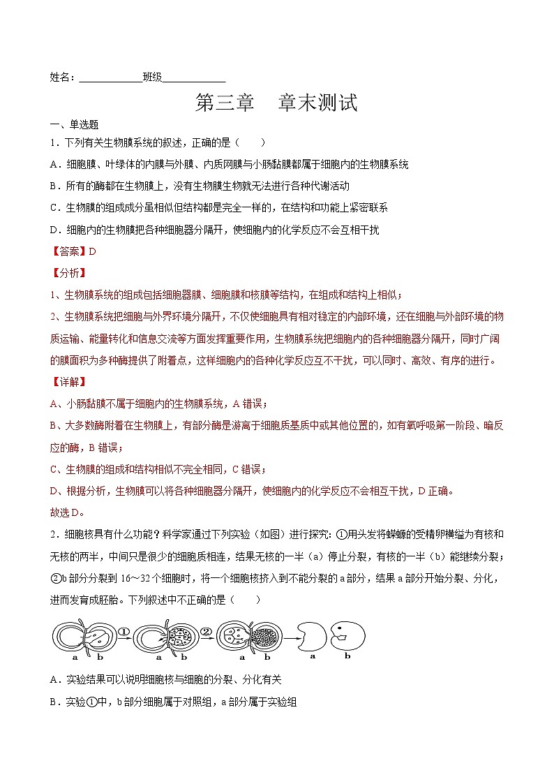 第三章  章末测试-高一生物课后培优练（人教版2019必修1）01