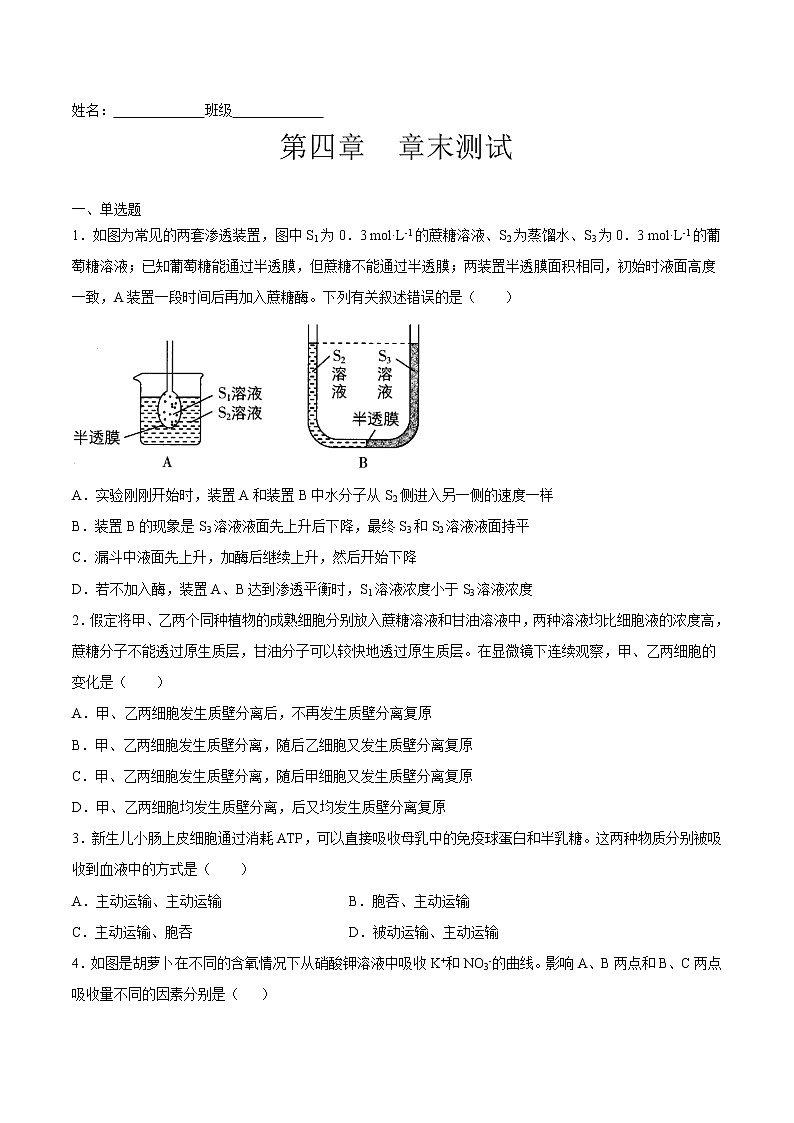 第四章  章末测试-高一生物课后培优练（人教版2019必修1）01