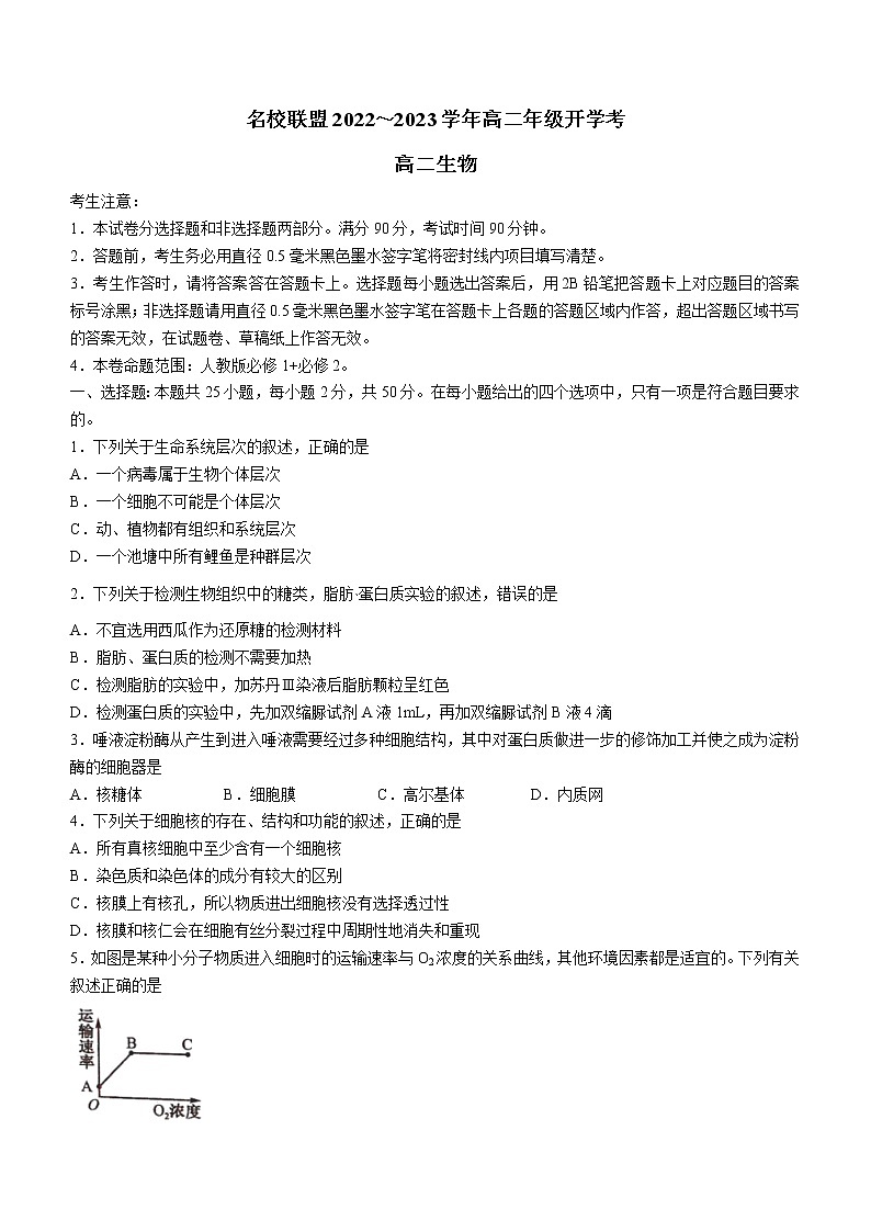 河南省名校联盟2022-2023学年高二上学期开学考试生物试题（Word版含答案）第1页