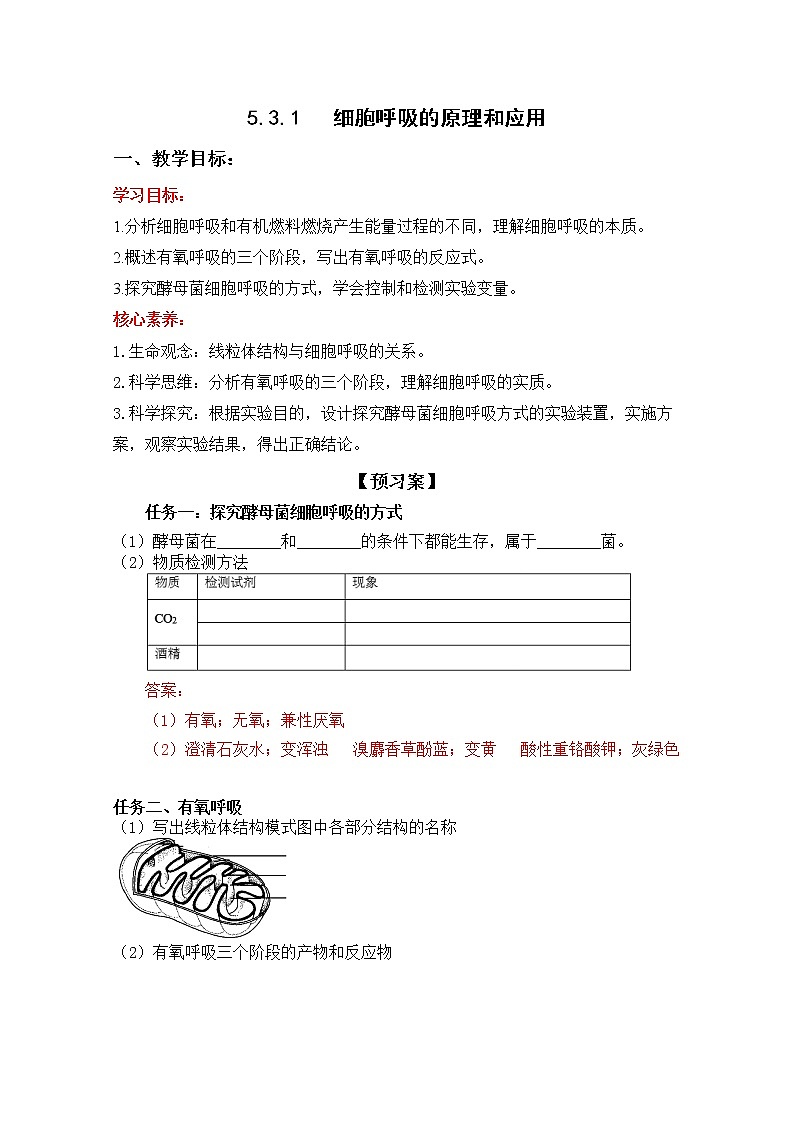 高中生物人教版必修一5.3细胞呼吸的原理和应用学案01