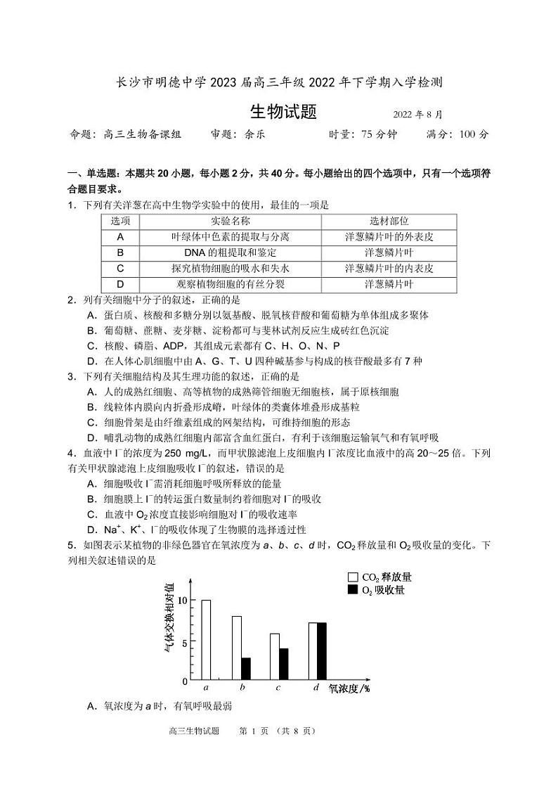 2023长沙明德中学高三上学期入学检测试题生物PDF版无答案（可编辑）01