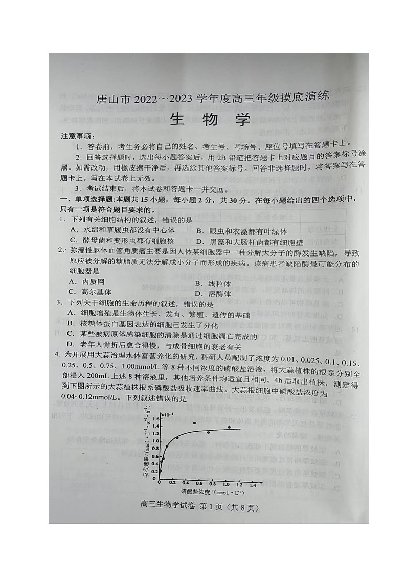 2023唐山高三上学期摸底考试生物图片版无答案第1页
