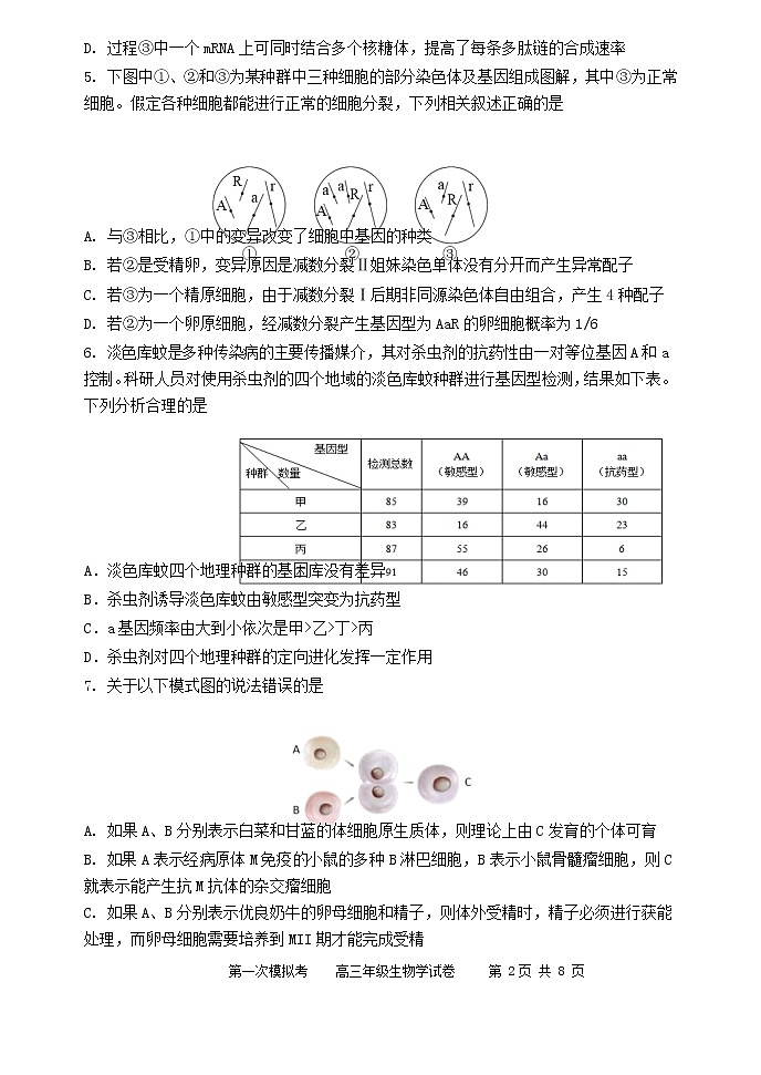 2022天津市耀华中学高三下学期一模生物试题含答案02