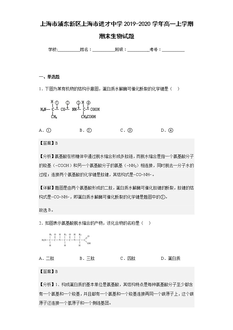 上海市浦东新区上海市进才中学2019-2020学年高一上学期期末生物试题含解析01