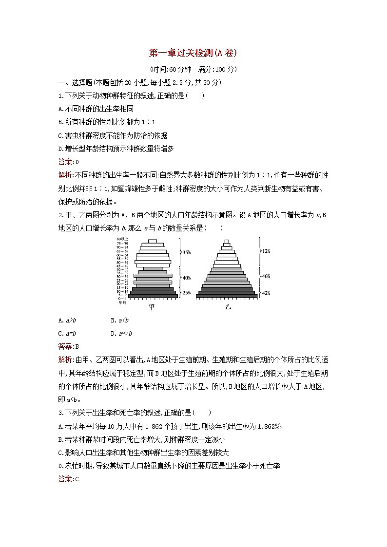 广西专版新教材高中生物浙科版选择性必修2第1章种群过关检测A卷第1页