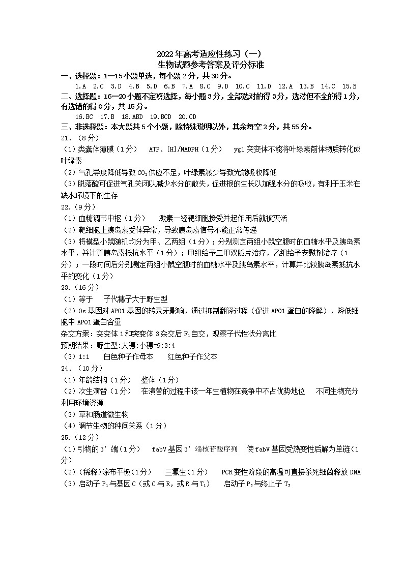2022烟台高三高三高考适应性练习（一）生物试题PDF版含答案01