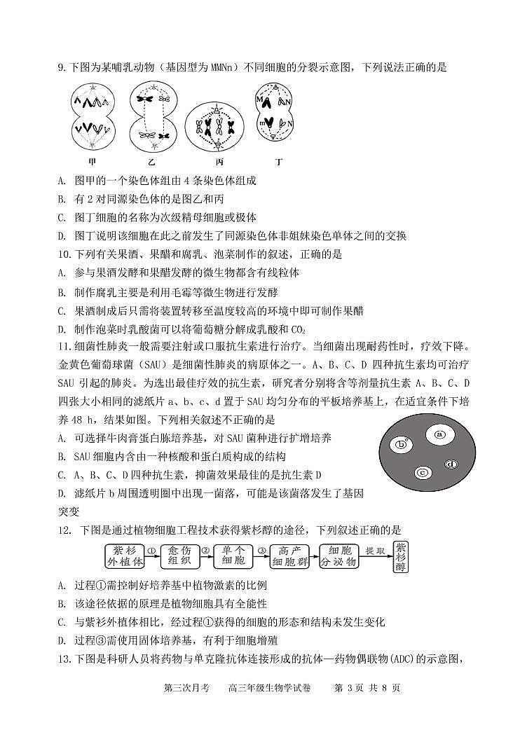 天津市耀华中学2022届高三学期第三次月考生物试题第3页