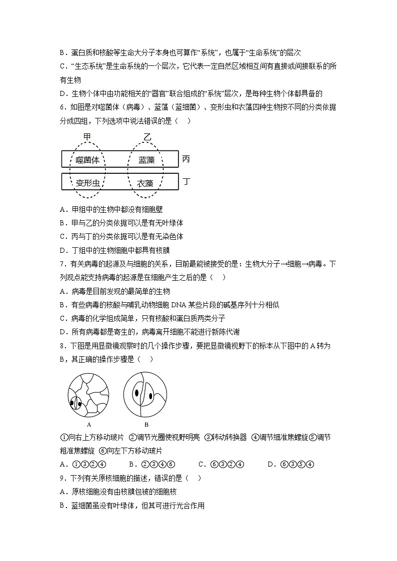河南省宁陵县高级中学2022-2023学年高一上学期第一次月考生物试题（含答案）02