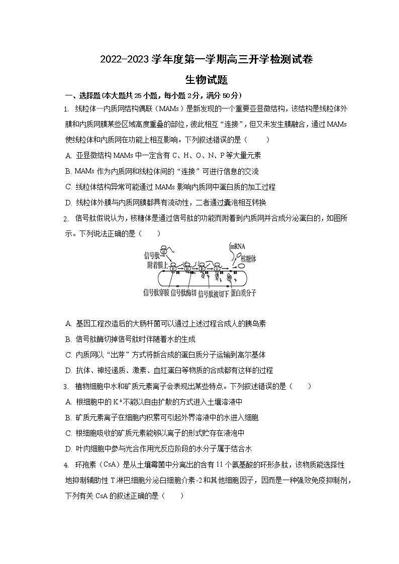 安徽省定远县民族中学2022-2023学年高三上学期开学检测生物试题（含答案）01