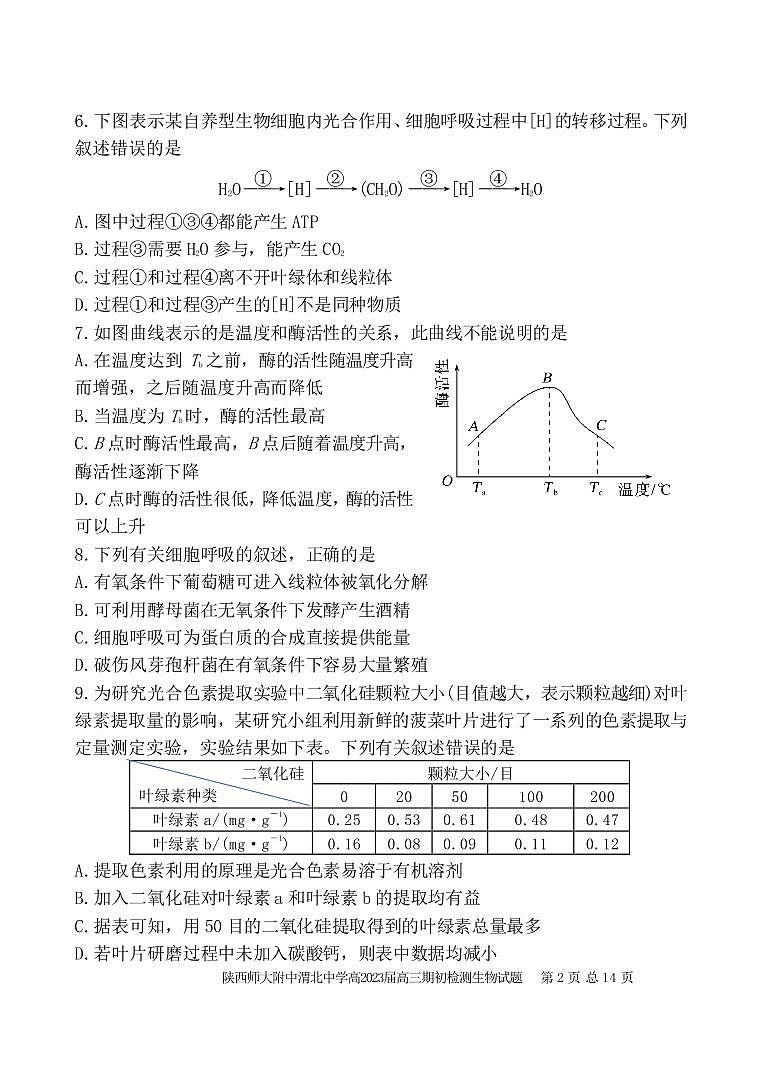 2023陕西师大附中、渭北中学等高三上学期期初检测联考生物试题PDF版无答案第2页