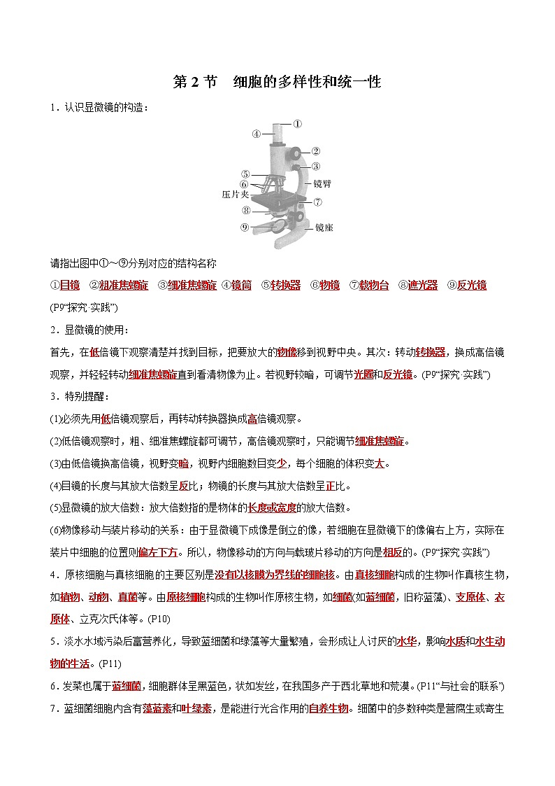第1章 走进细胞- 备战2023年高考生物一轮复习知识清单（新教材）（答案版）第2页