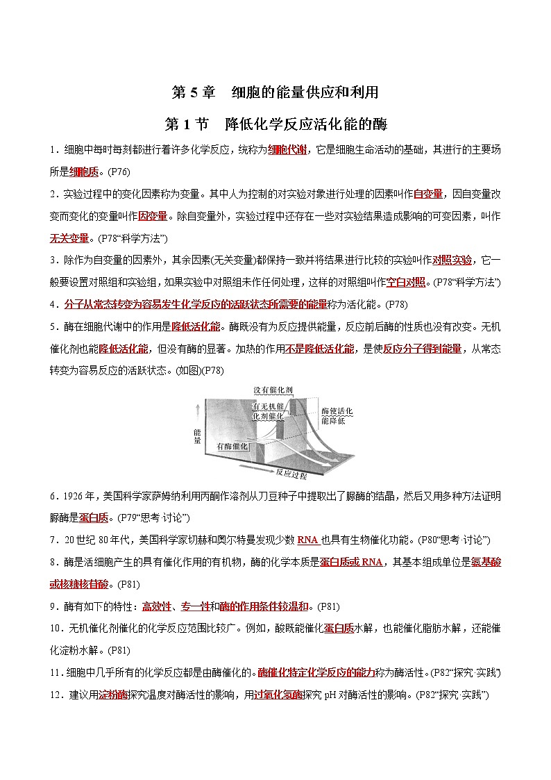 第5章 细胞的能量供应和利用- 备战2023年高考生物一轮复习知识清单（新教材）（答案版）第1页