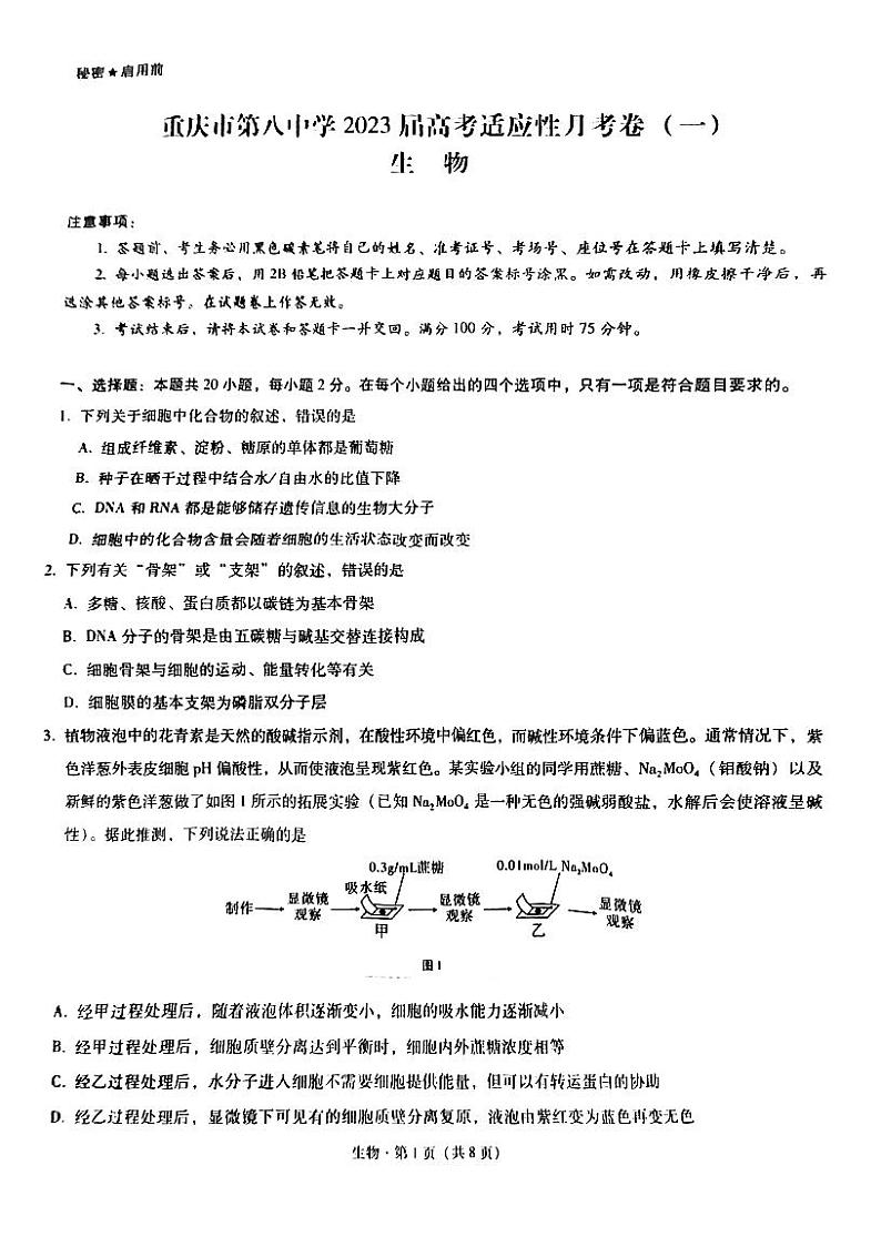 2023重庆市八中高三上学期适应性月考卷（一）生物PDF版含答案第1页