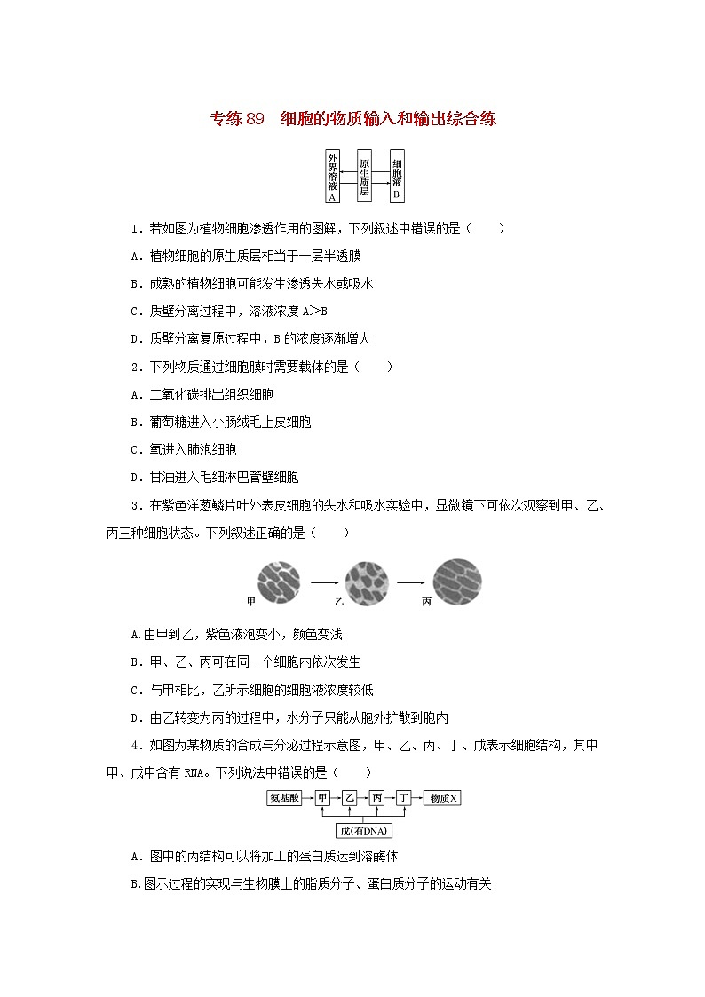 2023版高考生物第二部分综合练专练89细胞的物质输入和输出第1页