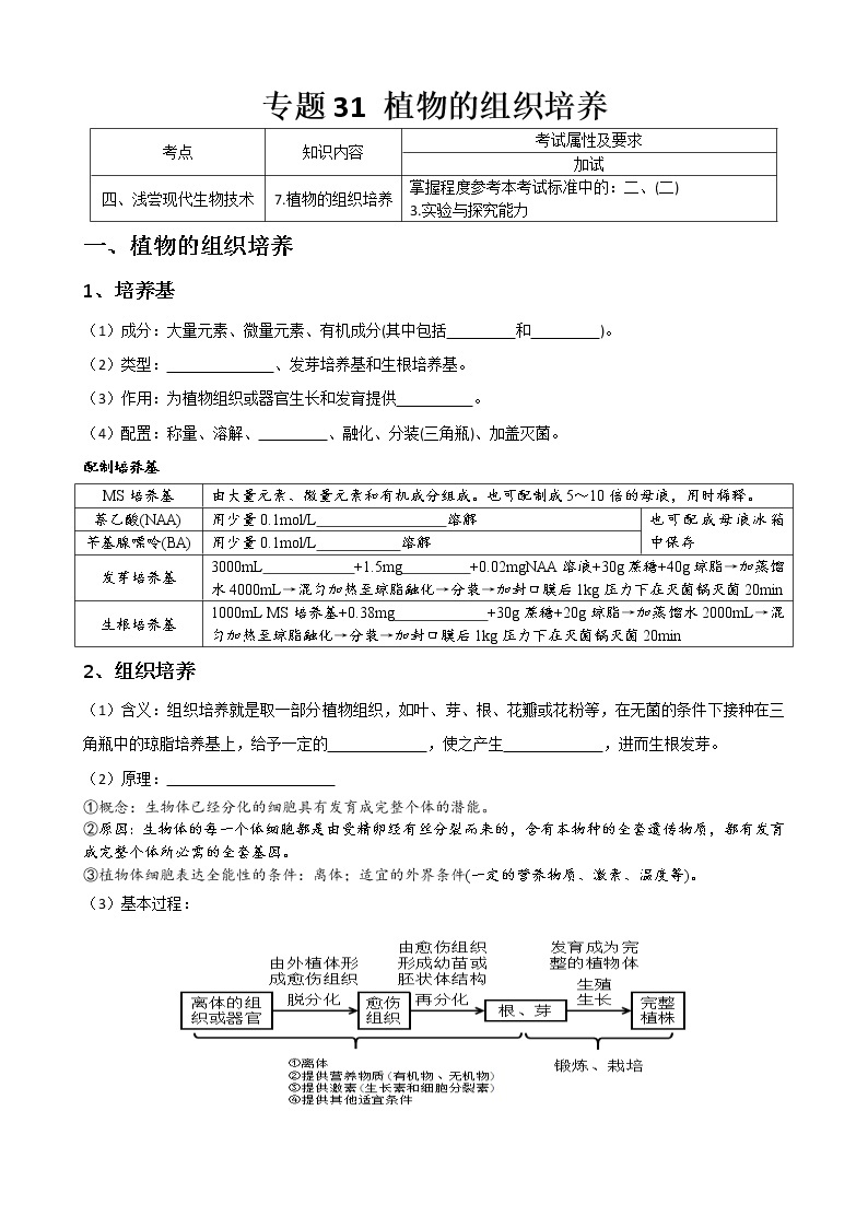 专题31 浅尝现代生物技术 植物的组织培养(选修1)学生版01