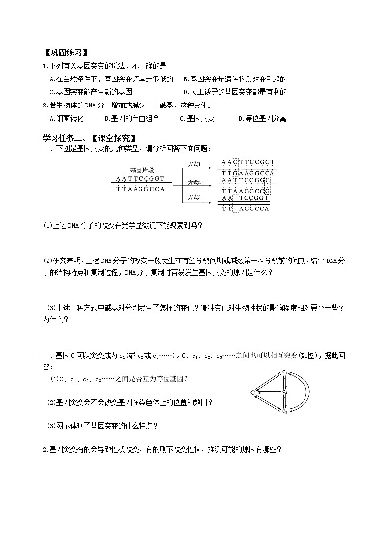 5.1基因突变和基因重组任务单2021-2022学年高一下学期生物人教版必修2第2页
