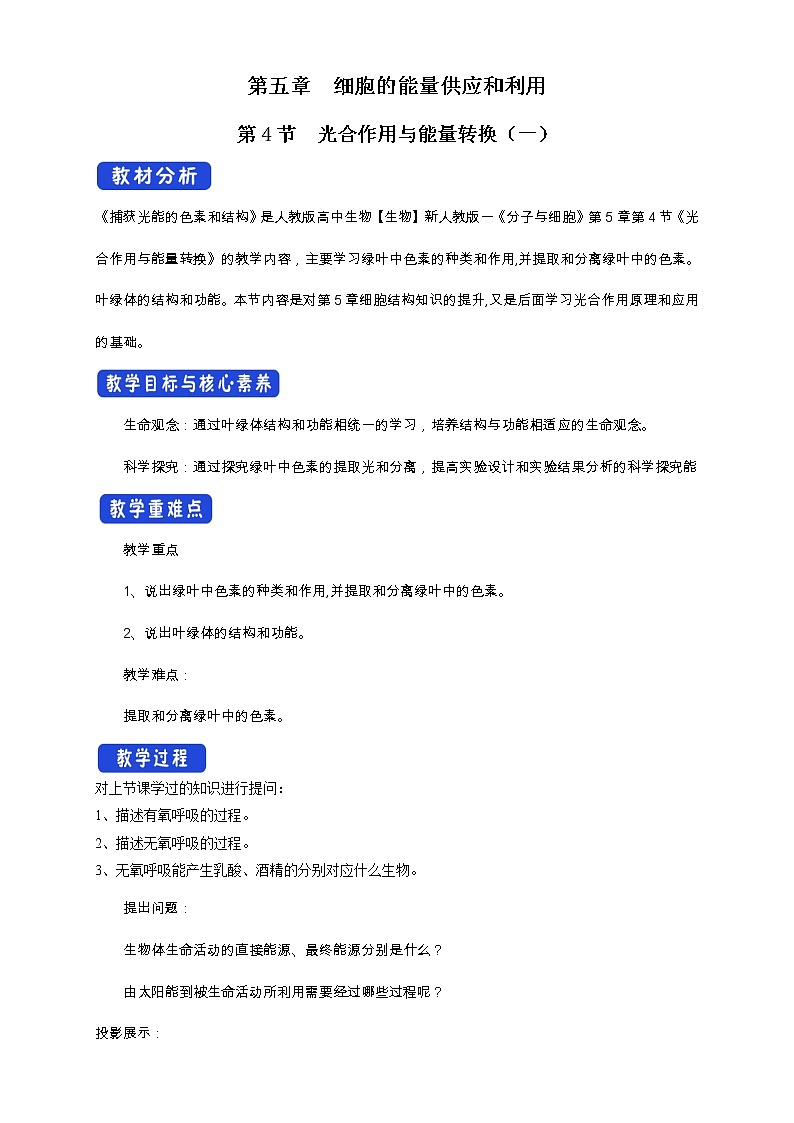 5.4.1光合作用与能量转化 教案01