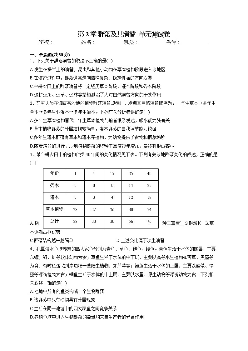 2022-2023学年人教版（2019）选择性必修二第2章 群落及其演替  单元测试卷(word版含答案)第1页