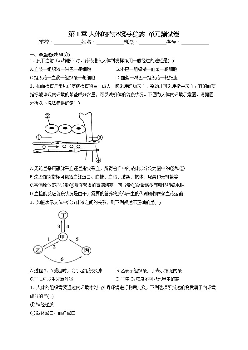2022-2023学年人教版（2019）选择性必修一第1章 人体的内环境与稳态  单元测试卷(word版含答案)第1页