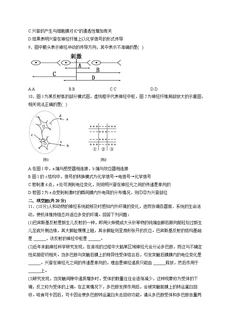 2022-2023学年人教版（2019）选择性必修一第2章 神经调节   单元测试卷(word版含答案)03