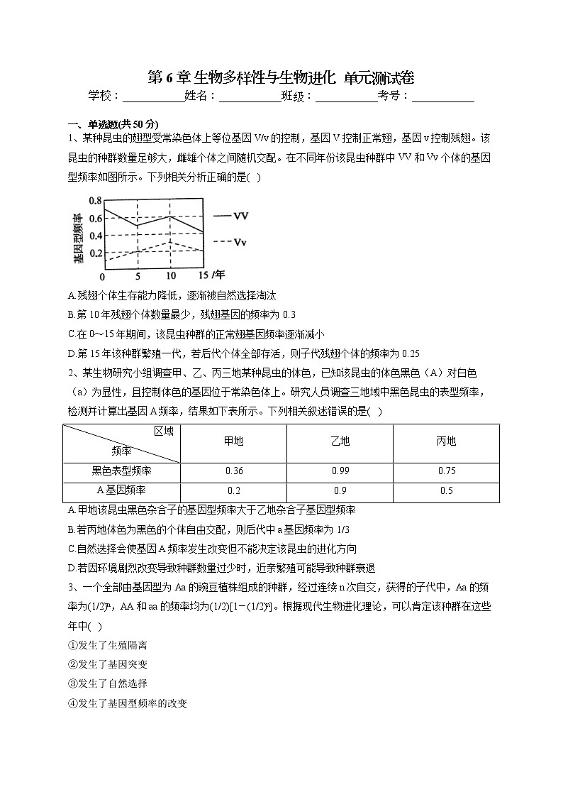 2022-2023学年北师大版（2019）必修二第6章 生物多样性与生物进化  单元测试卷(word版含答案)01